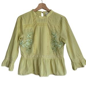 Anthro Duet Pastel Green Embroidered Cotton Blouse XS Lace Ruffle Boho Romantic